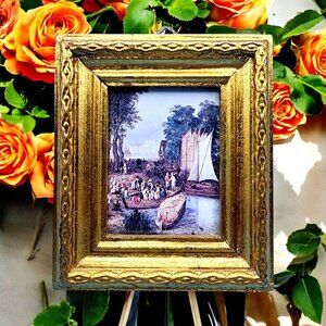 Vintage Miniature Gold Gilt Frame Florentine Art Print With 19th Century Rural S